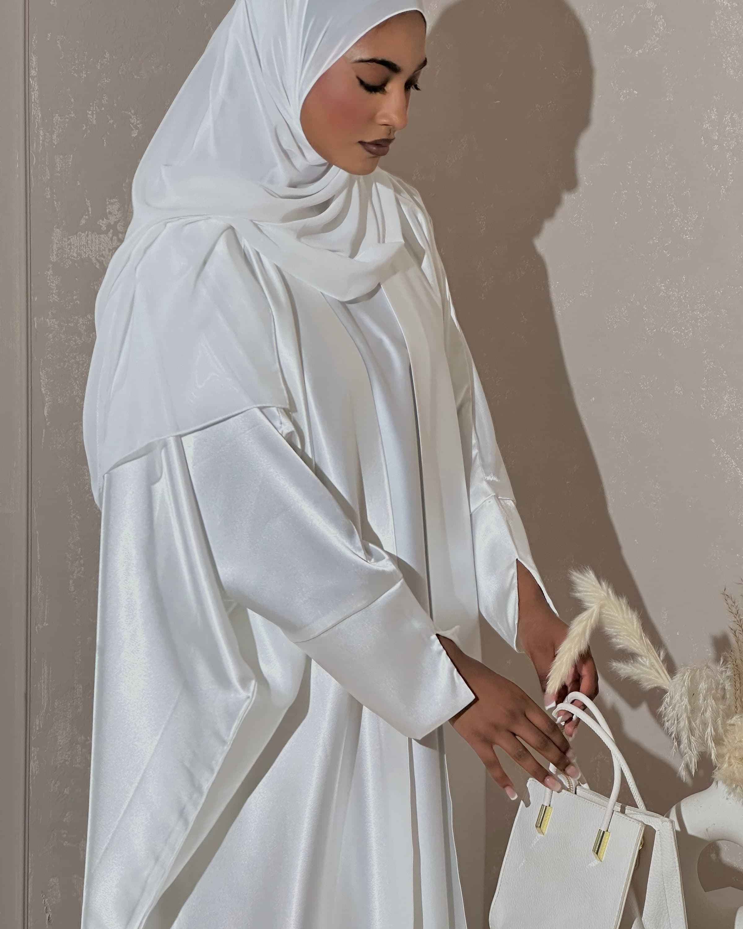 Three-Piece Nikkah Abaya Set: Satin Butterfly Abaya, Inner Dress and Hijab (Off-White)