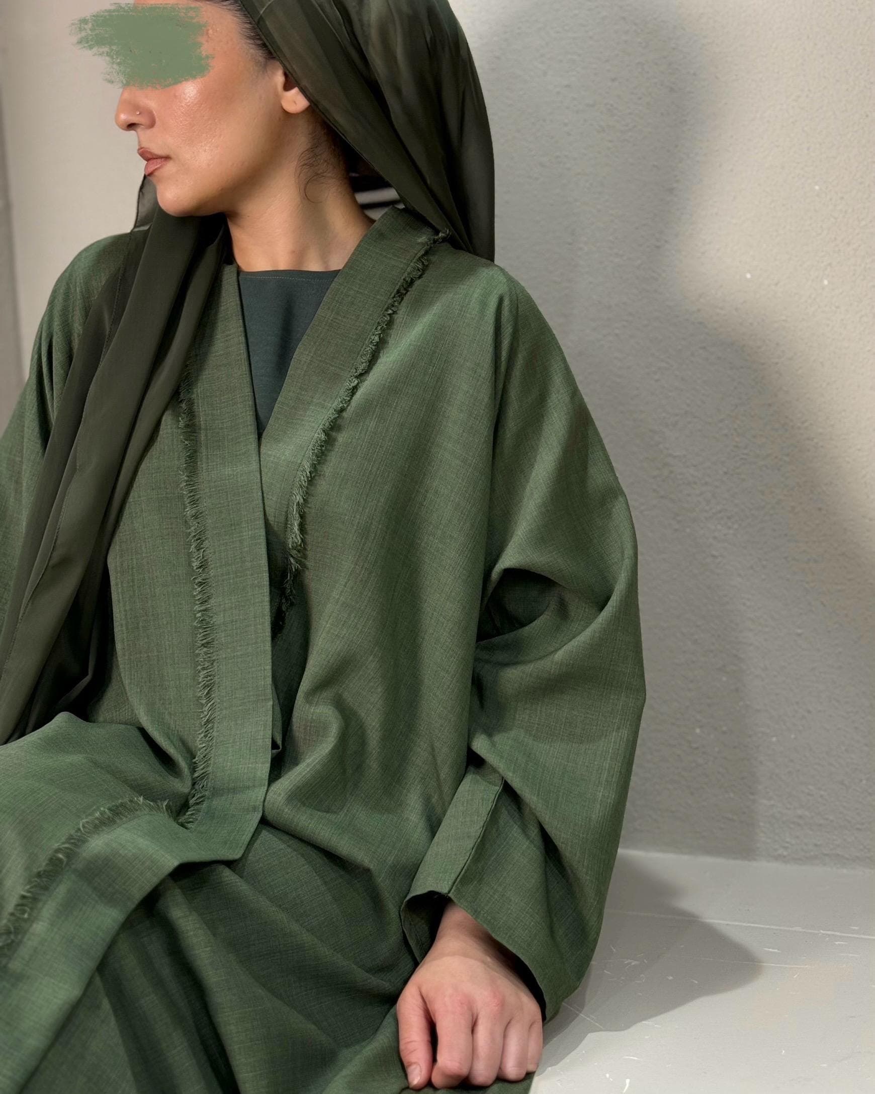Italian Linen Frayed Abaya Set in Cloche Cut (Khaki Olive) - image 3