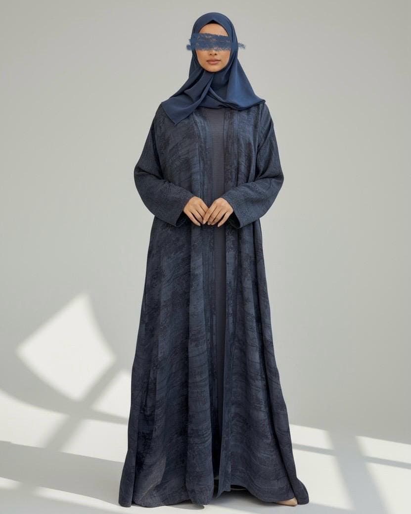 Indian Linen Patterned Abaya Set in Cloche-Cut (Midnight Blue)