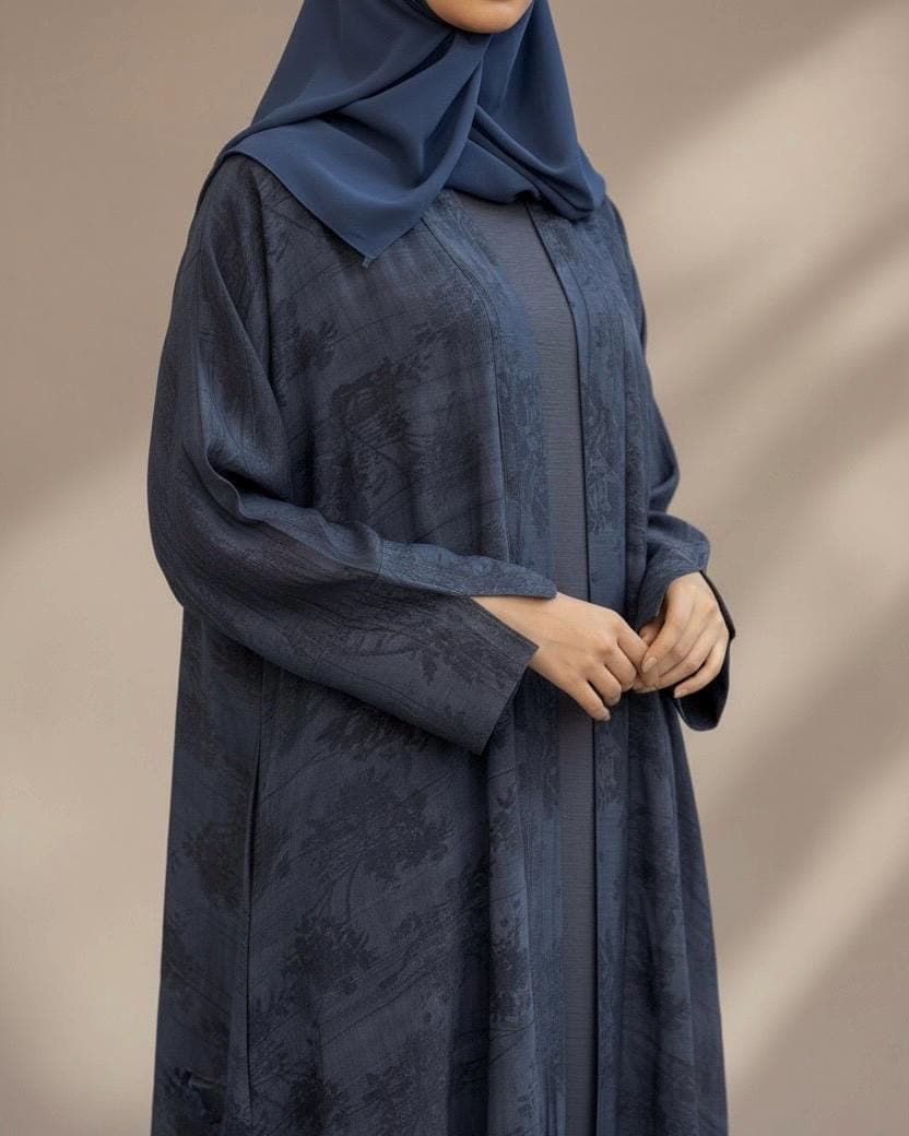 Indian Linen Patterned Abaya Set in Cloche-Cut (Midnight Blue) - image 4