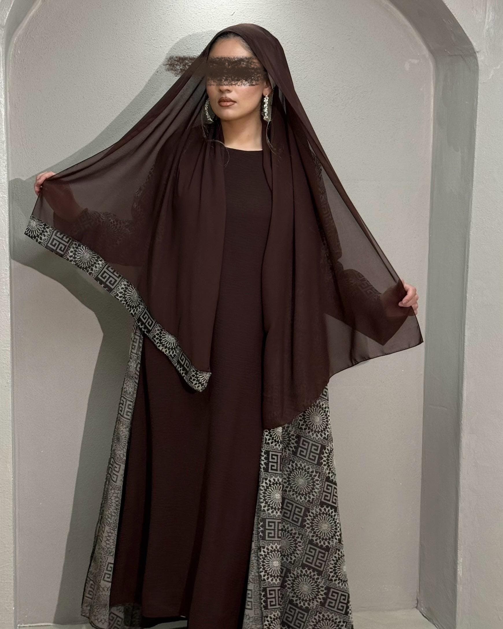 Jacquard Abaya Set: Cloche Cut Satin Abaya, Inner Dress & Hijab (Coffee Brown) - image 4