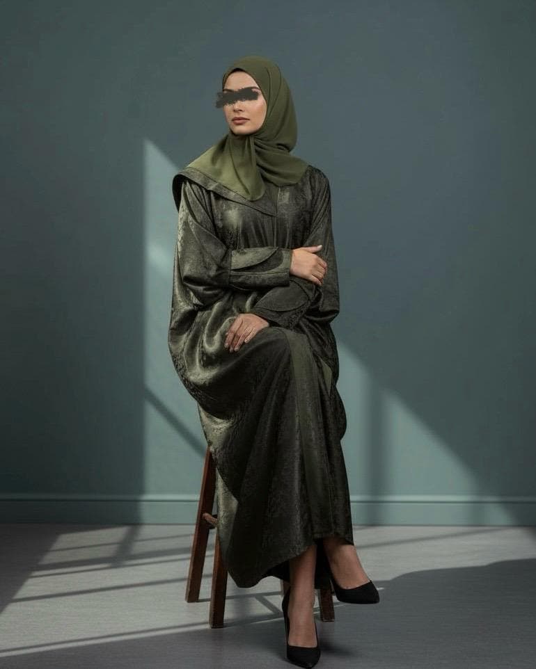 Eid Three-Piece Silk Jacquard Set: Cherry Tree Patterned Abaya, Inner Dress & Hijab