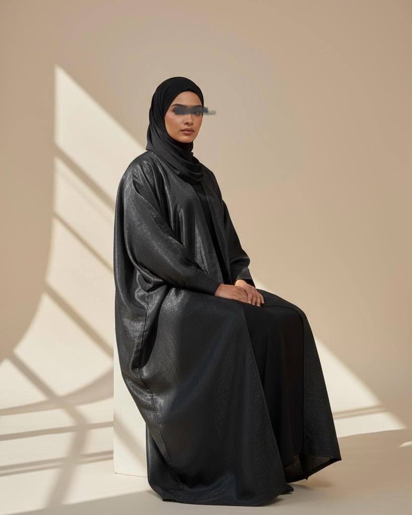 Luxurious Eid Three-Piece Set: Shimmery Butterfly Abaya with Slim Cuffs, Inner Dress & Hijab - image 3