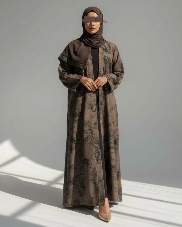 Three-Piece Set: Flowery Patterned Abaya, Inner Dress & Hijab (Mocha Taupe, Midnight Blue)