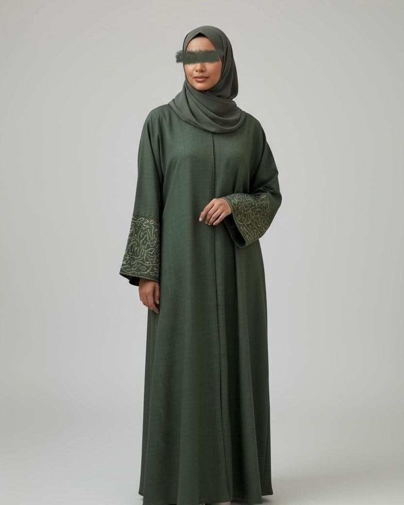 Italian Linen Blend Abaya with Arabic Calligraphy Embroidered Sleeves (Olive Green) - image 3