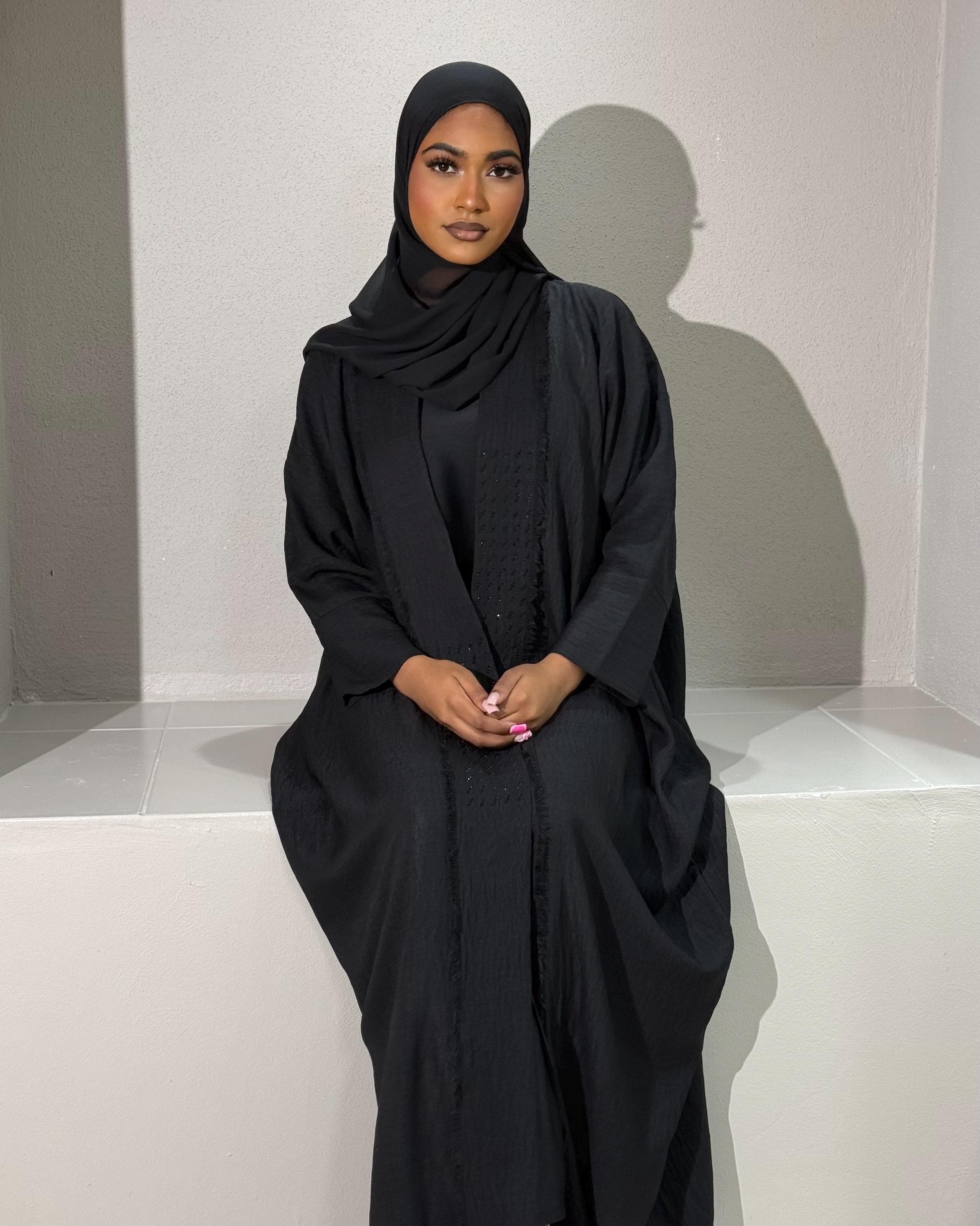 Ramadan Three-Piece Fringed Abaya Set: Butterfly Abaya, Silky Inner Dress, Hijab (Black) - image 5