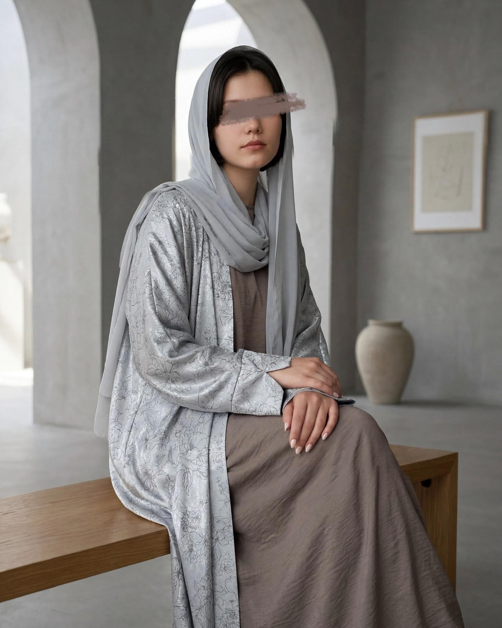 Three-Piece Metallic Set: Floral Patterned Cloche-Cut & Silky Inner Dress (Silver)