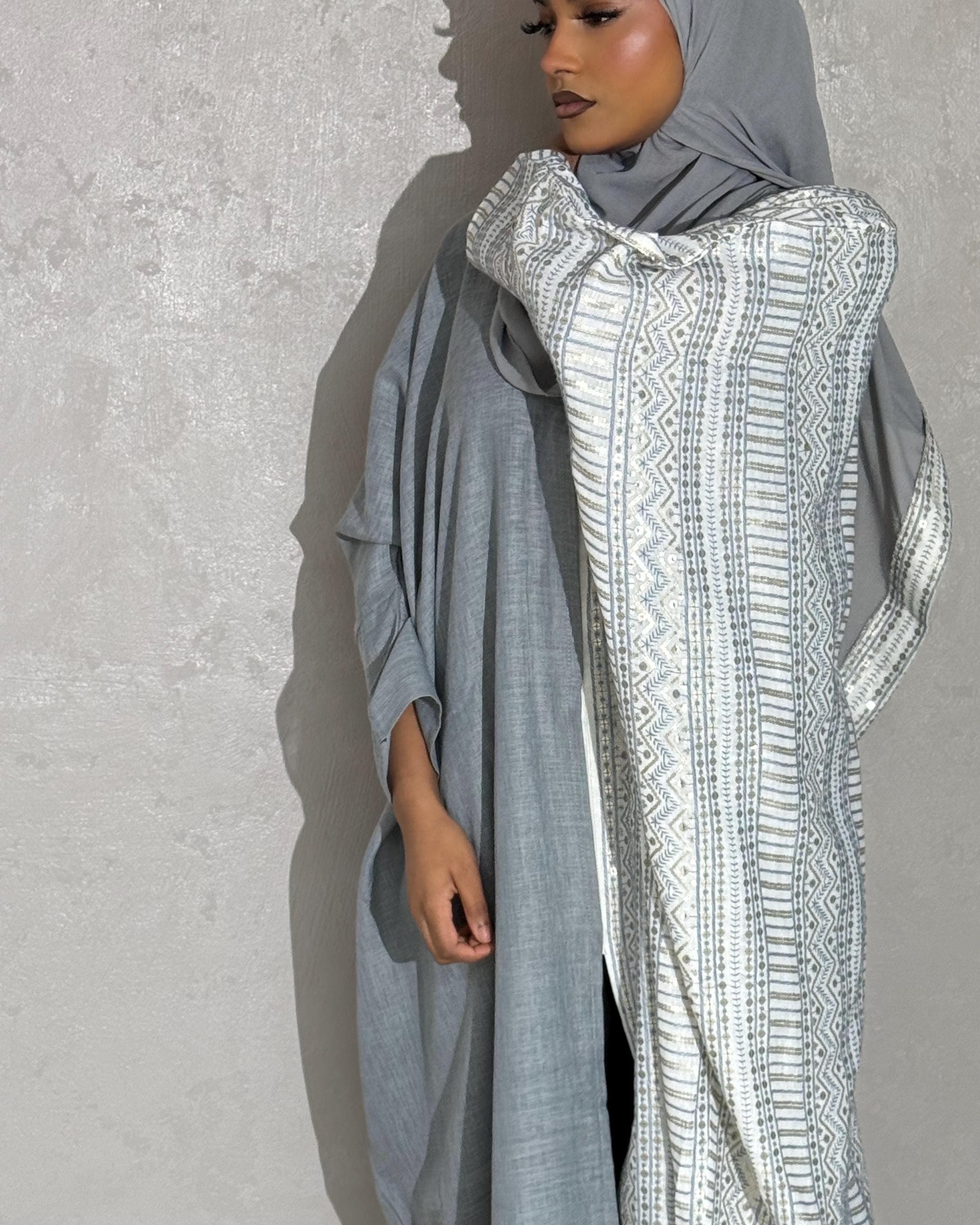 Half Embroidered Indian Linen Butterfly Abaya (Grey) - image 4