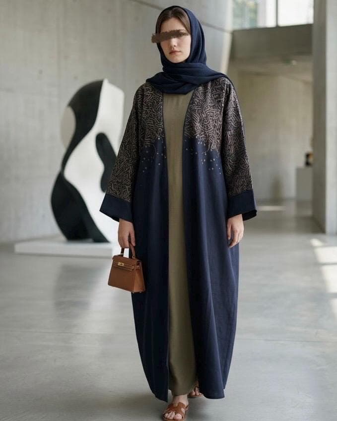 Three-Piece Calligraphy Set: Indian Linen Abaya, Inner Dress & Hijab (Dark Navy)