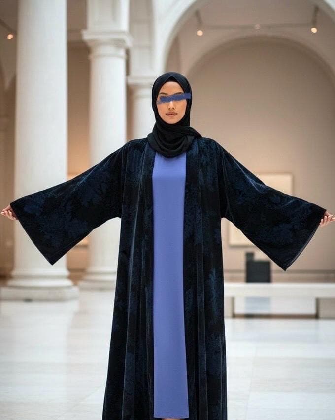 Three-Piece Velvet Set: Floral Abaya, Royal Blue Inner Dress & Hijab - image 4