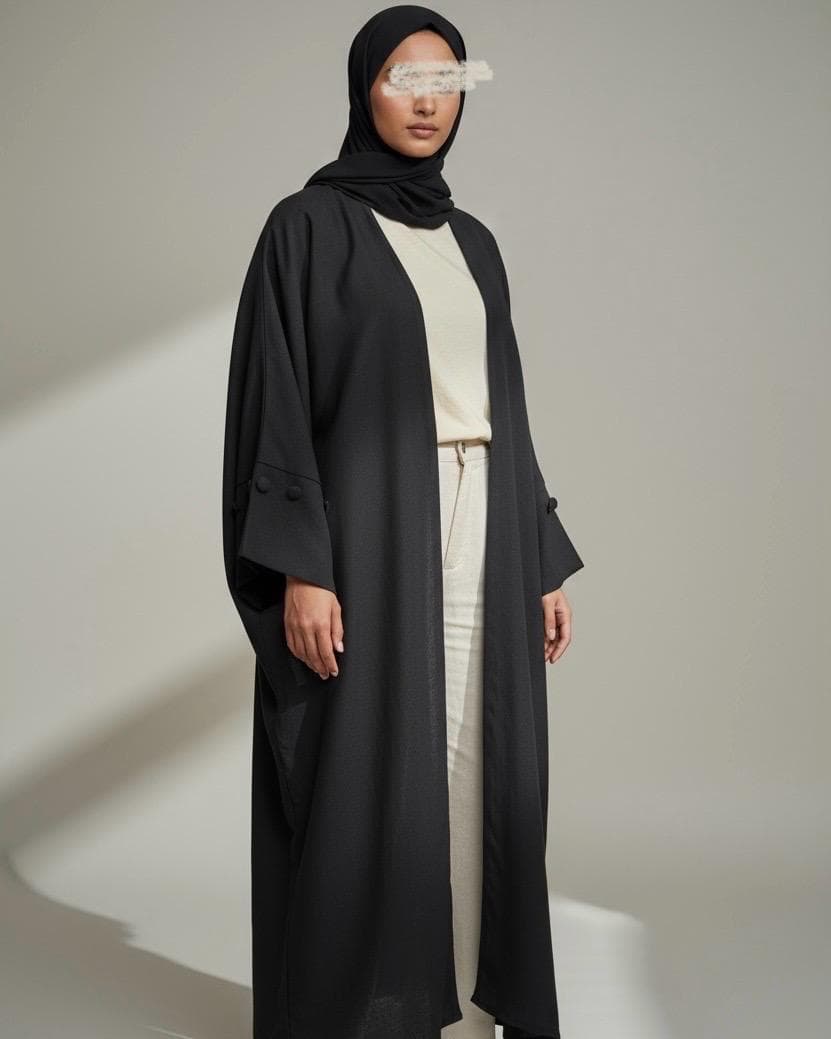 Minimalist Black Linen Abaya | Button Sleeve Design (No Inner Dress)