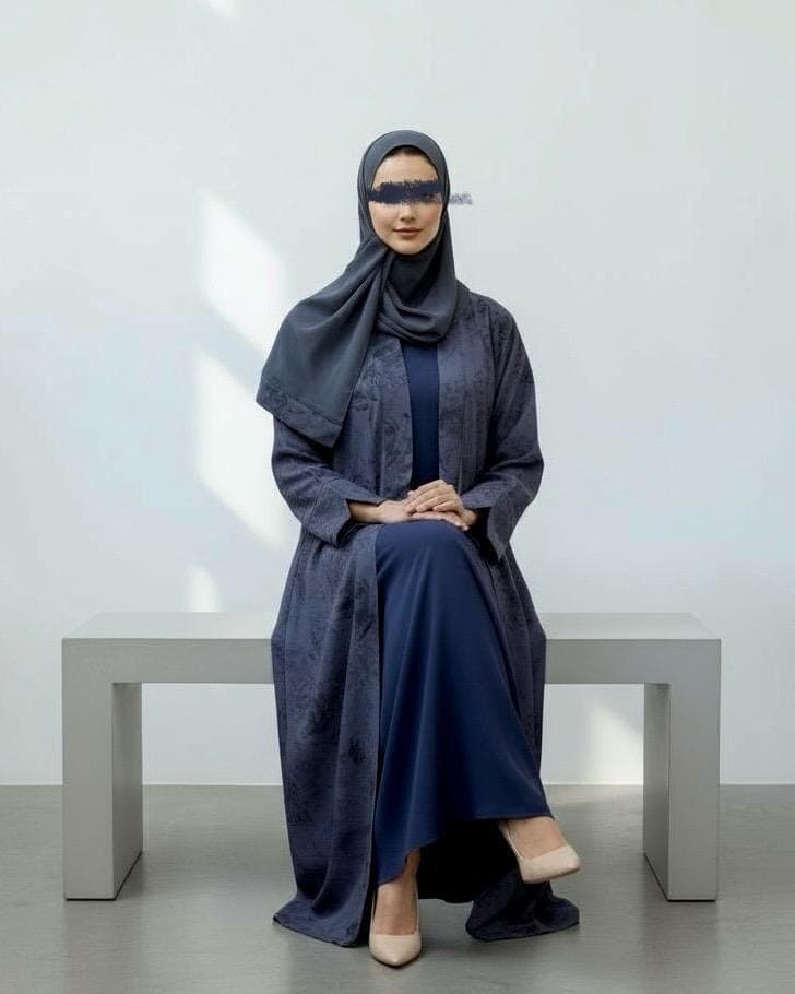 Three-Piece Set: Flowery Patterned Abaya, Inner Dress & Hijab (Midnight Blue) - image 5