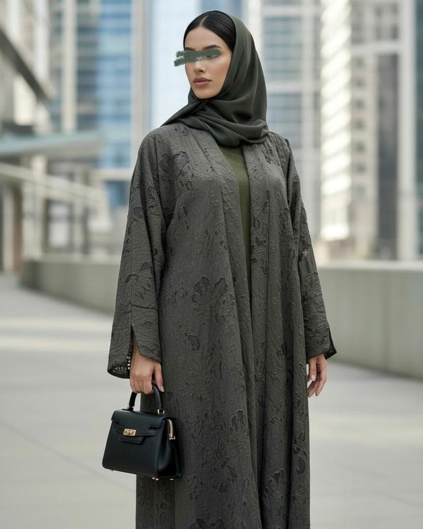 Three-Piece Textured Abaya Set: Laser Cut Abaya, Inner Dress & Hijab (Forest Green)