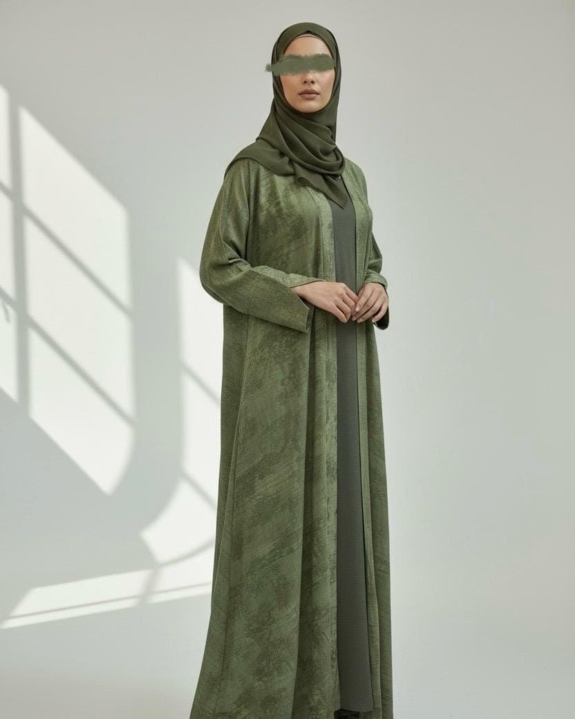 Indian Linen Patterned Abaya Set in Cloche-Cut (Olive Serenity)