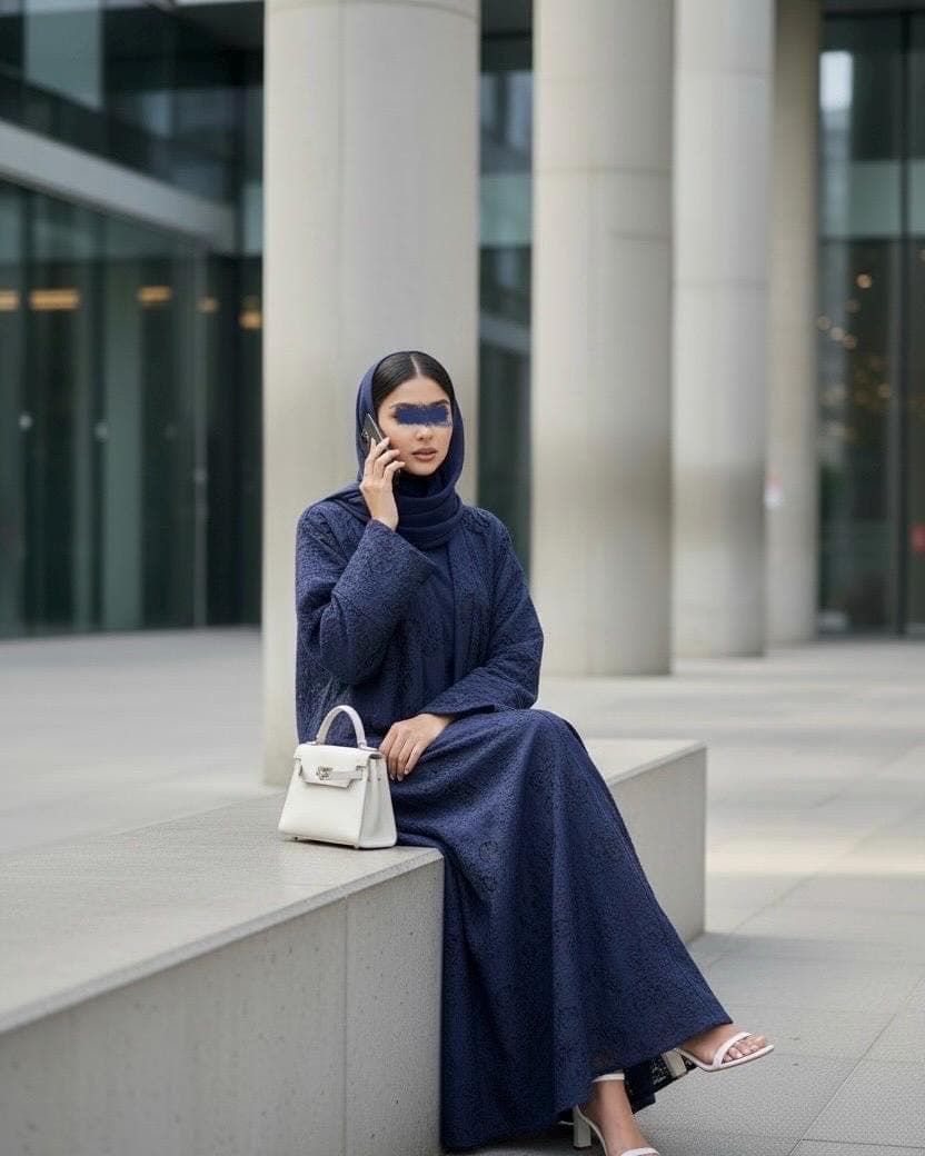 Three-Piece Textured Abaya Set: Laser Cut Abaya, Inner Dress & Hijab (Navy, Black, Olive Green) - image 4