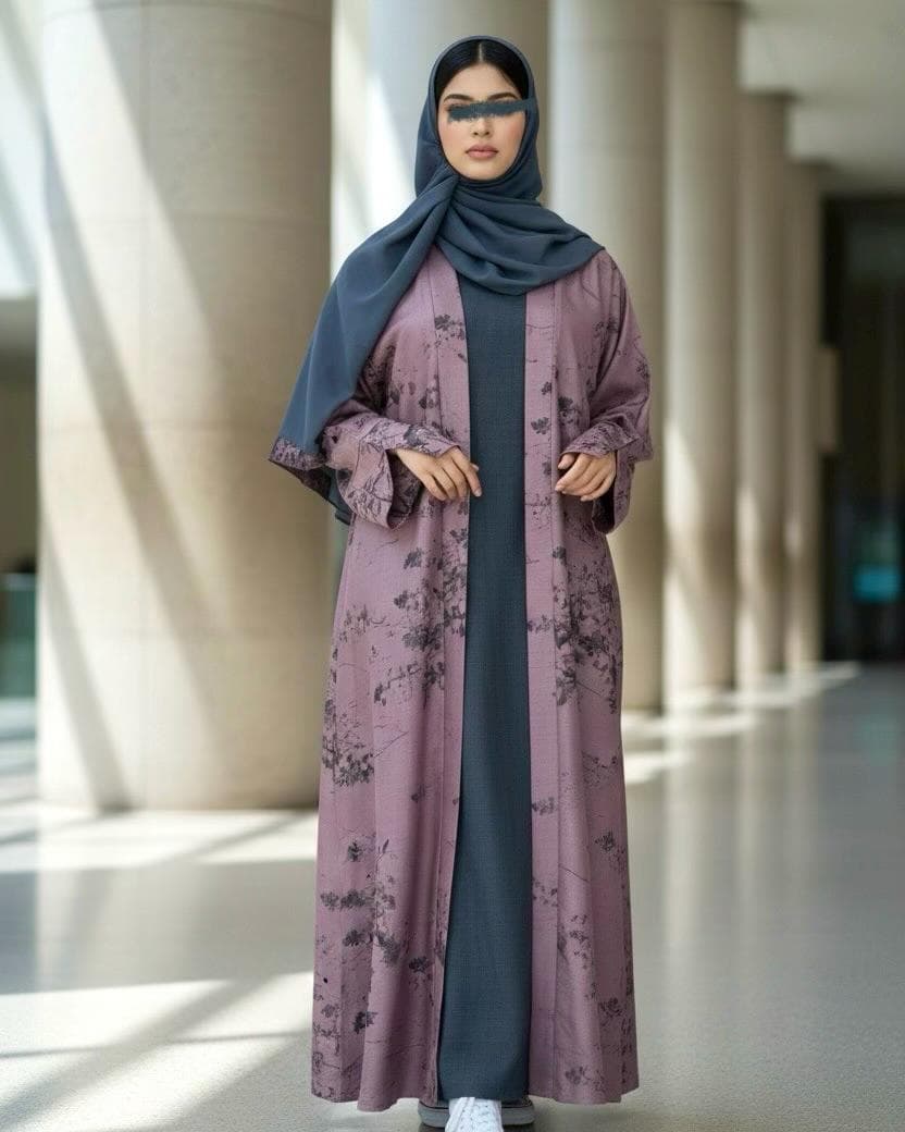 Ramadan Three-Piece Cloche Abaya Set: Two-Tone Abaya, Inner Dress & Hijab (Dusty Mauve / Denim) - image 5