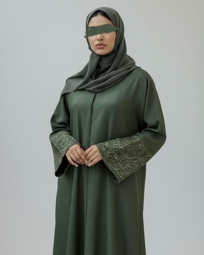Italian Linen Blend Abaya with Arabic Calligraphy Embroidered Sleeves (Olive Green)
