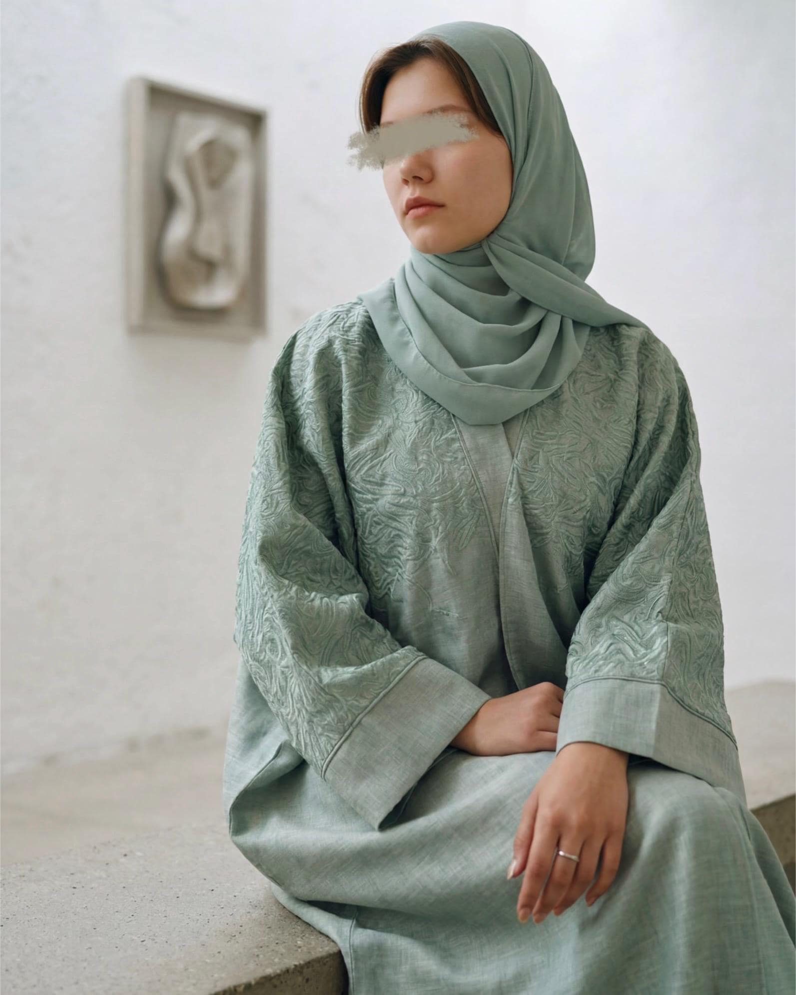 Three-Piece Calligraphy Set: Indian Linen Abaya, Inner Dress & Hijab (Mint)