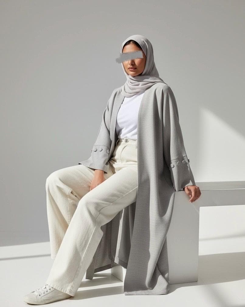 Minimalist Grey Linen Abaya | Button Sleeve Design (No Inner Dress) - image 5