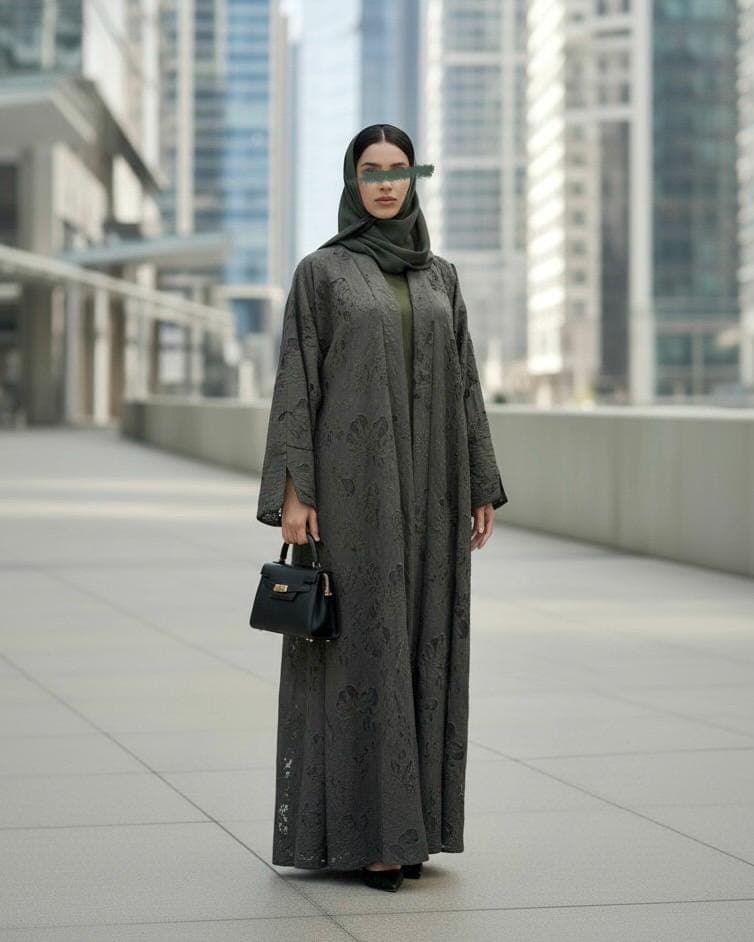 Three-Piece Textured Abaya Set: Laser Cut Abaya, Inner Dress & Hijab (Forest Green) - image 5