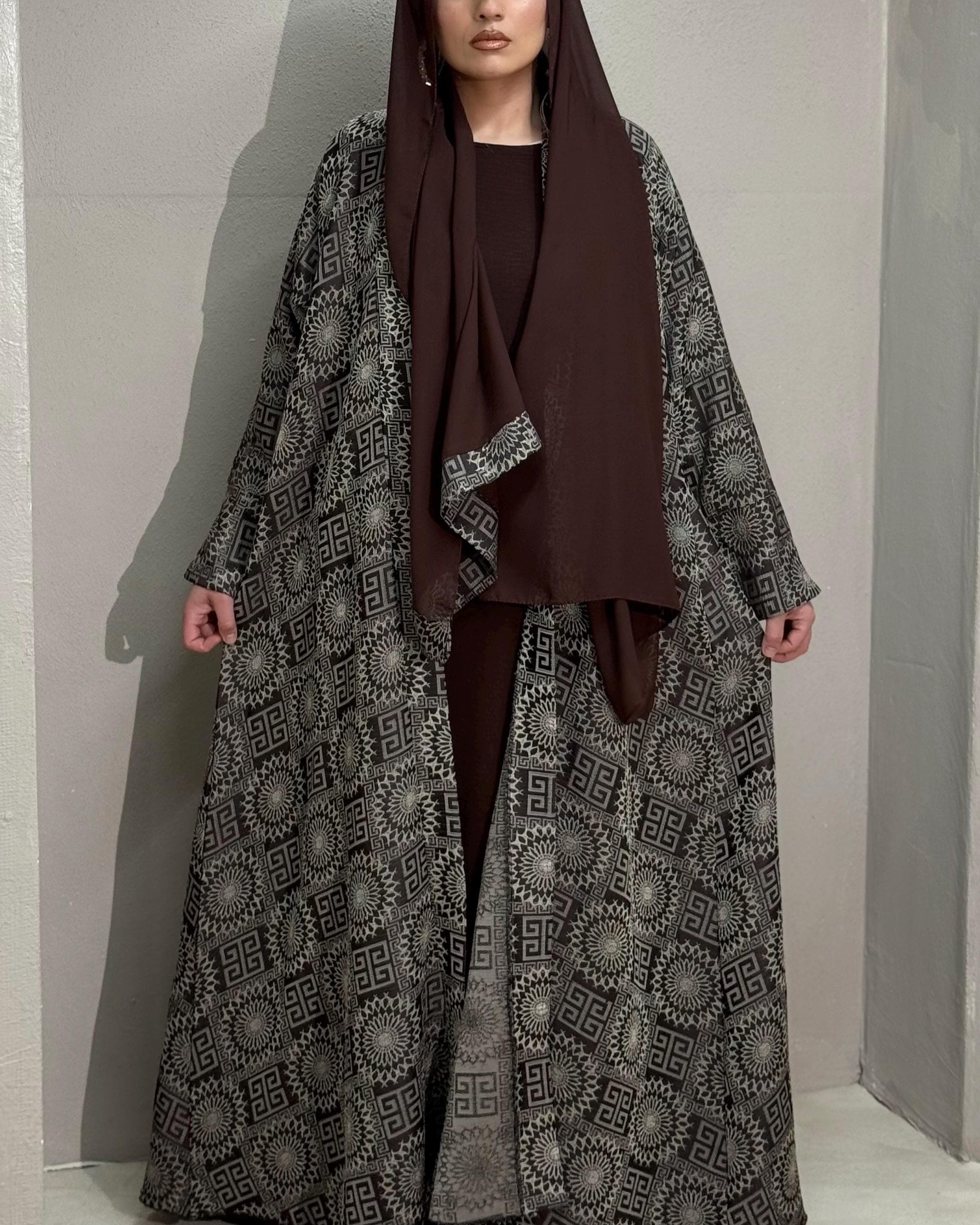 Jacquard Abaya Set: Cloche Cut Satin Abaya, Inner Dress & Hijab (Coffee Brown) - image 5
