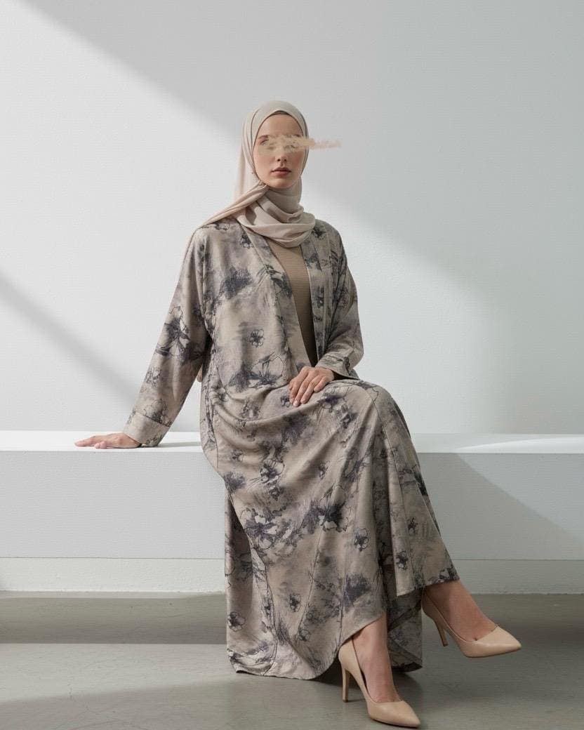 Flowery Patterned Abaya in Misty Sand (No Inner Dress)
