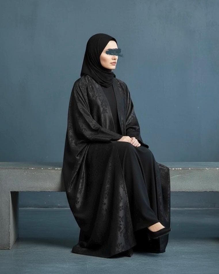 Eid Three-Piece Silk Jacquard Set: Cherry Tree Patterned Abaya, Inner Dress & Hijab (Black) - image 5