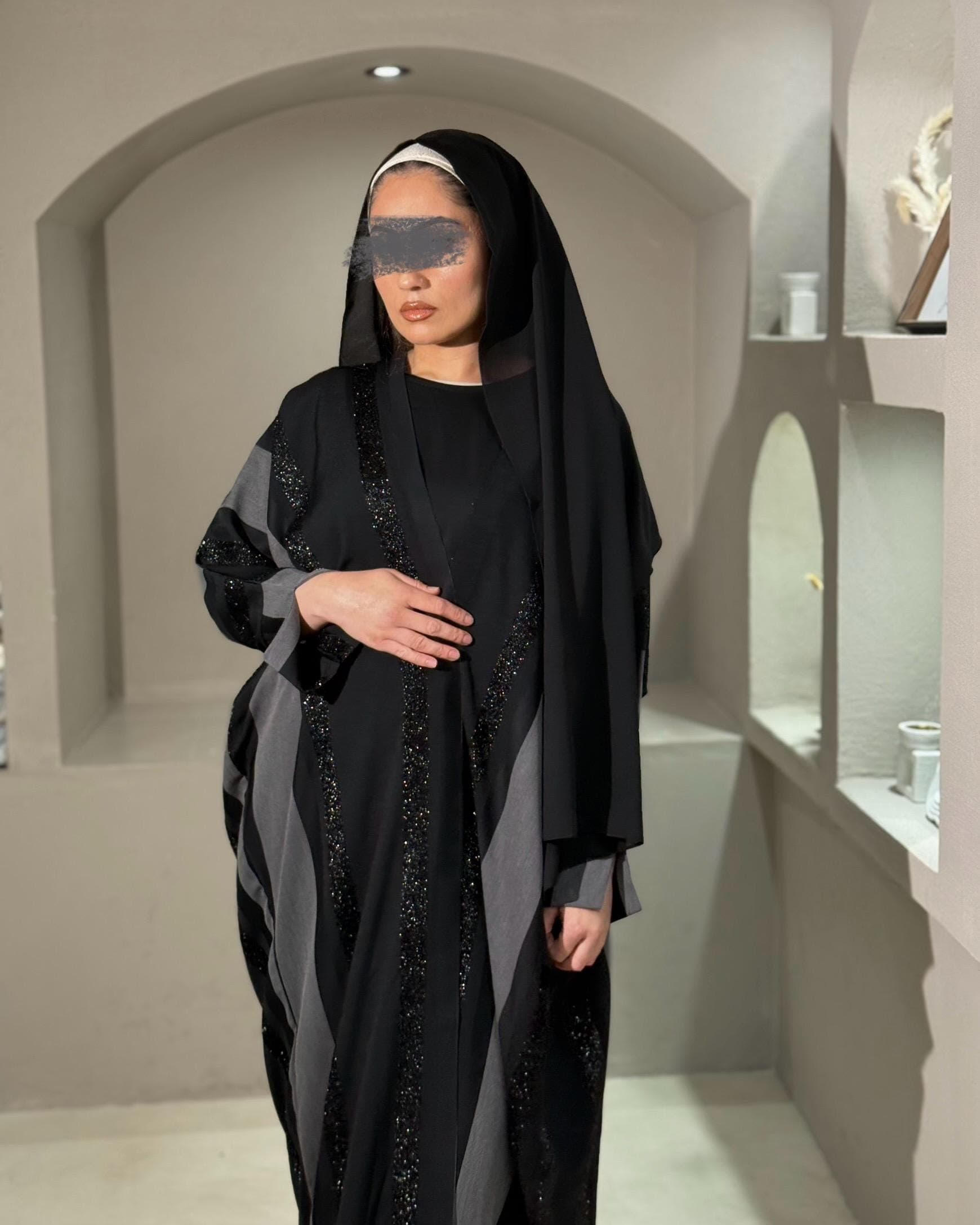Striped Butterfly Abaya Set (Black)