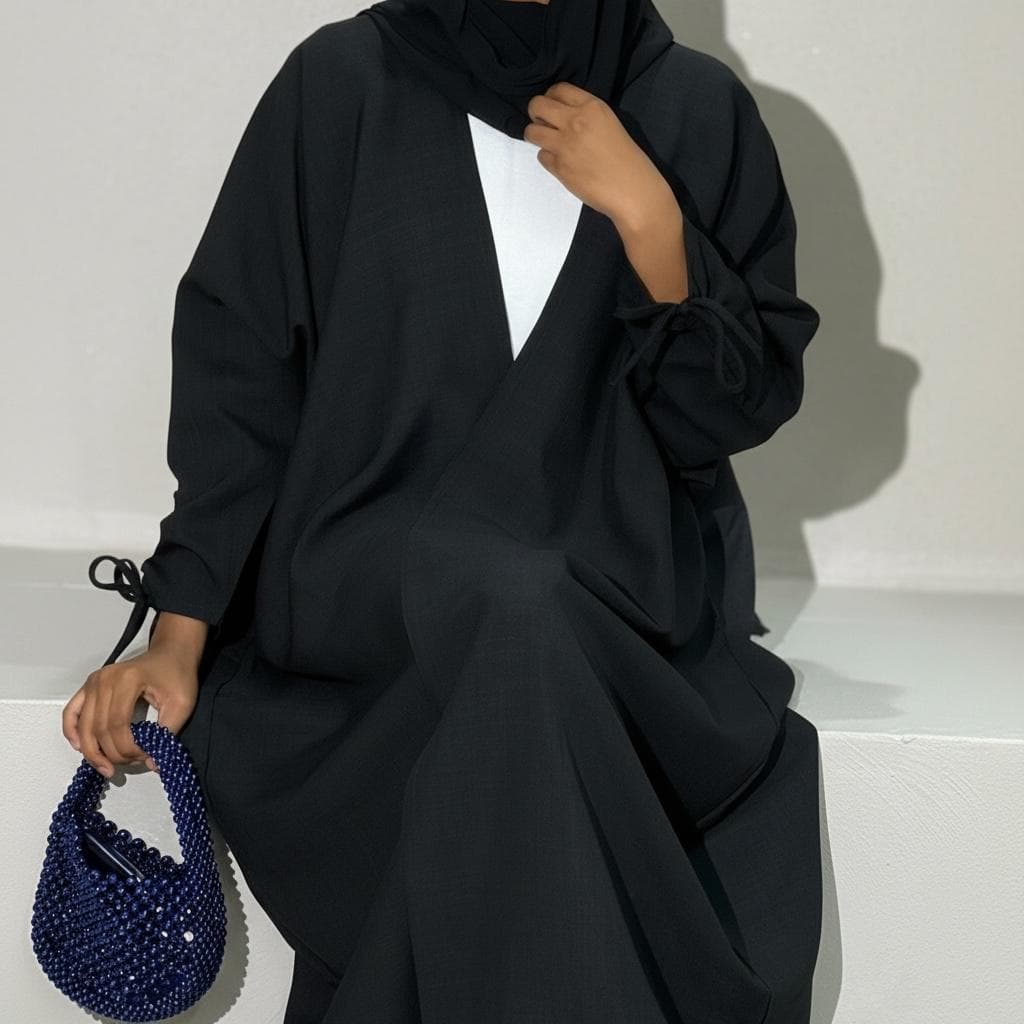 Ramadan Three-Piece Italian Linen Blend Set: Bow-Tied Sleeve Abaya, Inner Dress & Hijab (Black) - image 4