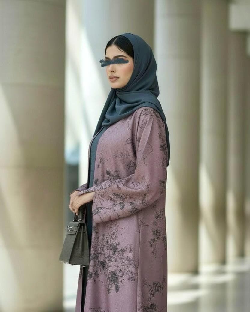 Ramadan Three-Piece Cloche Abaya Set: Two-Tone Abaya, Inner Dress & Hijab (Dusty Mauve / Denim) - image 3