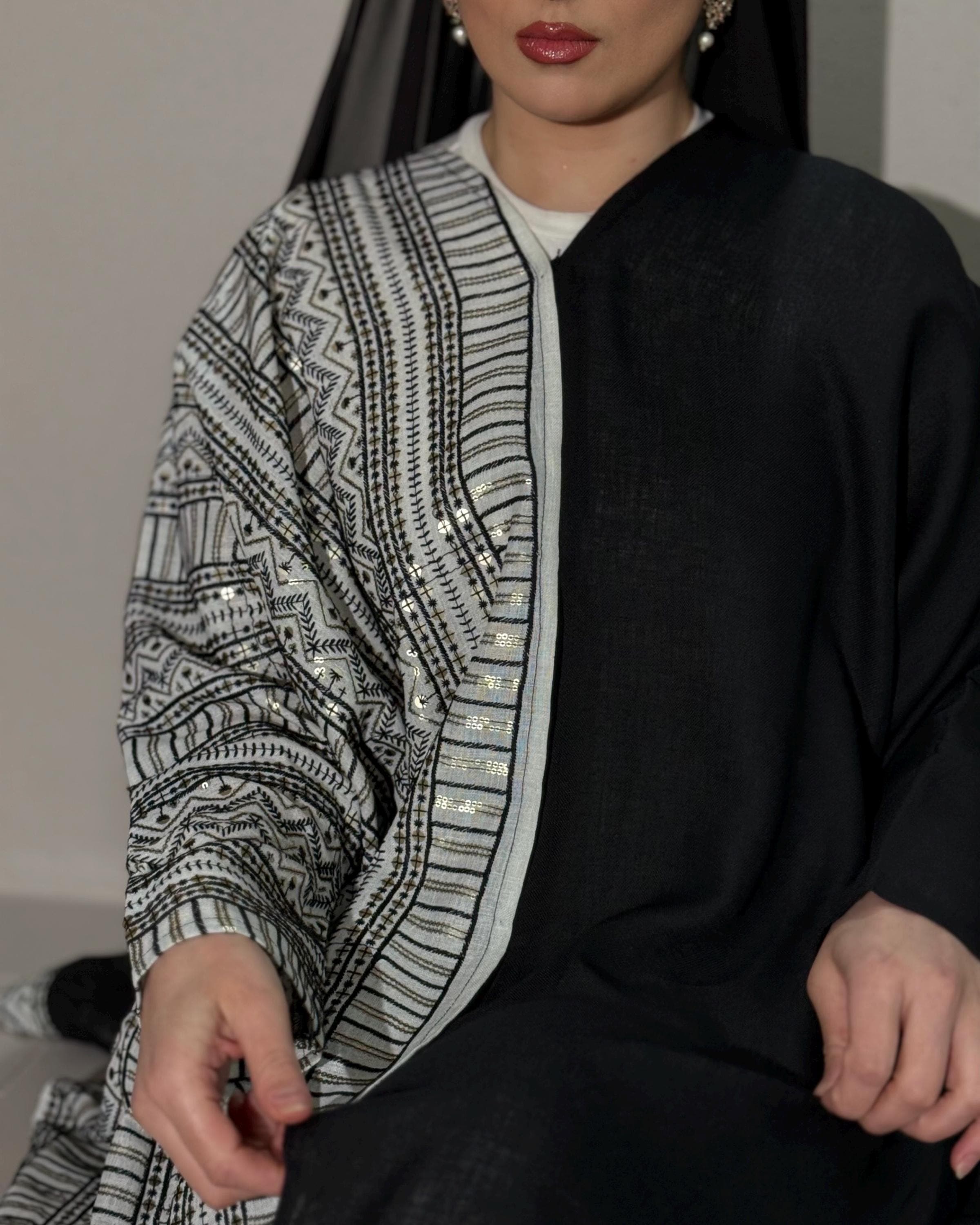 Half Embroidered Indian Linen Butterfly Abaya (Black) - image 3