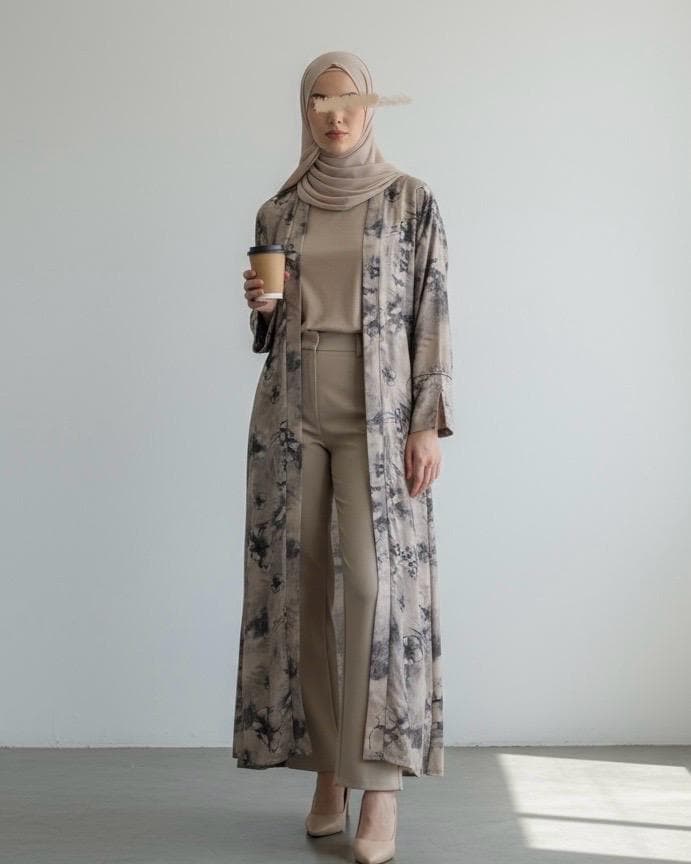 Flowery Patterned Abaya in Misty Sand (No Inner Dress) - image 4