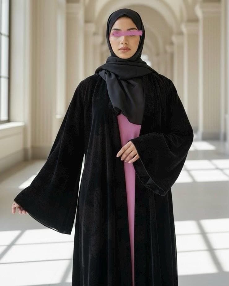 Three-Piece Velvet Set: Floral Abaya, Baby Pink Inner Dress & Hijab