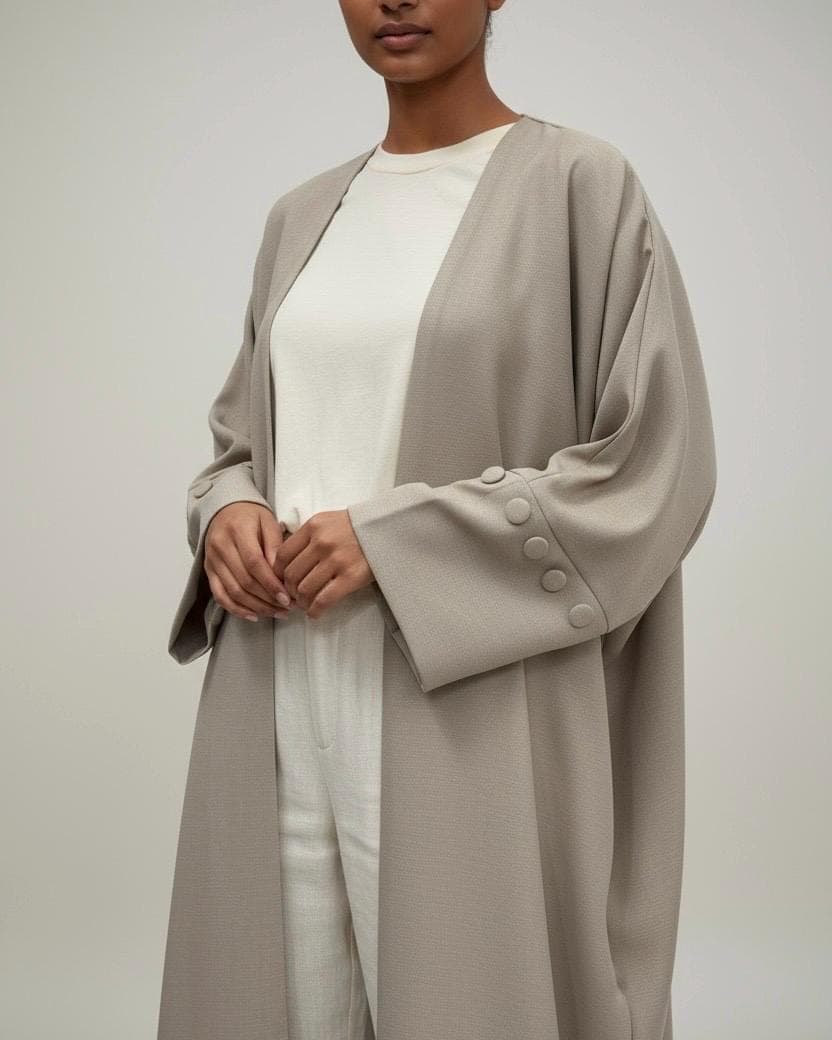 Minimalist Sandstone Beige Linen Abaya | Button Sleeve Design (No Inner Dress) - image 4