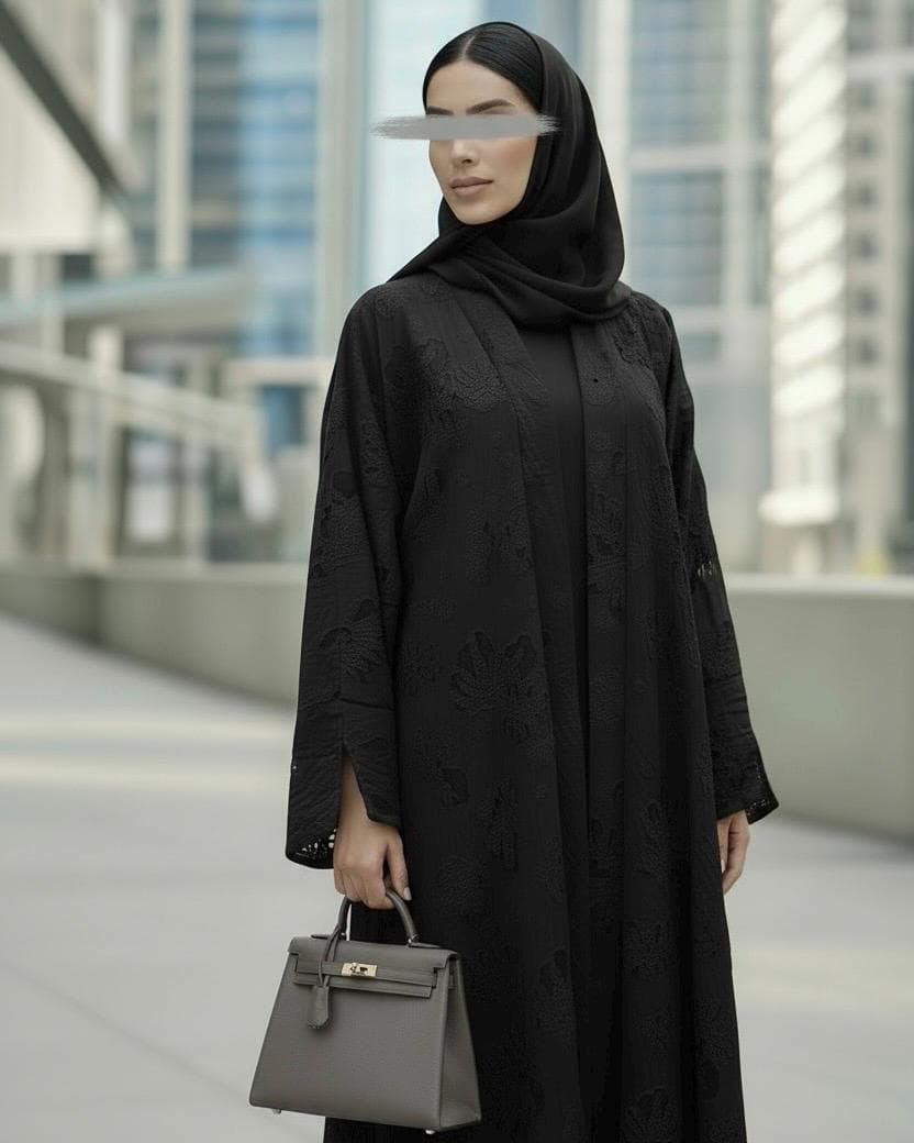 Three-Piece Textured Abaya Set: Laser Cut Abaya, Inner Dress & Hijab (Black) - image 5
