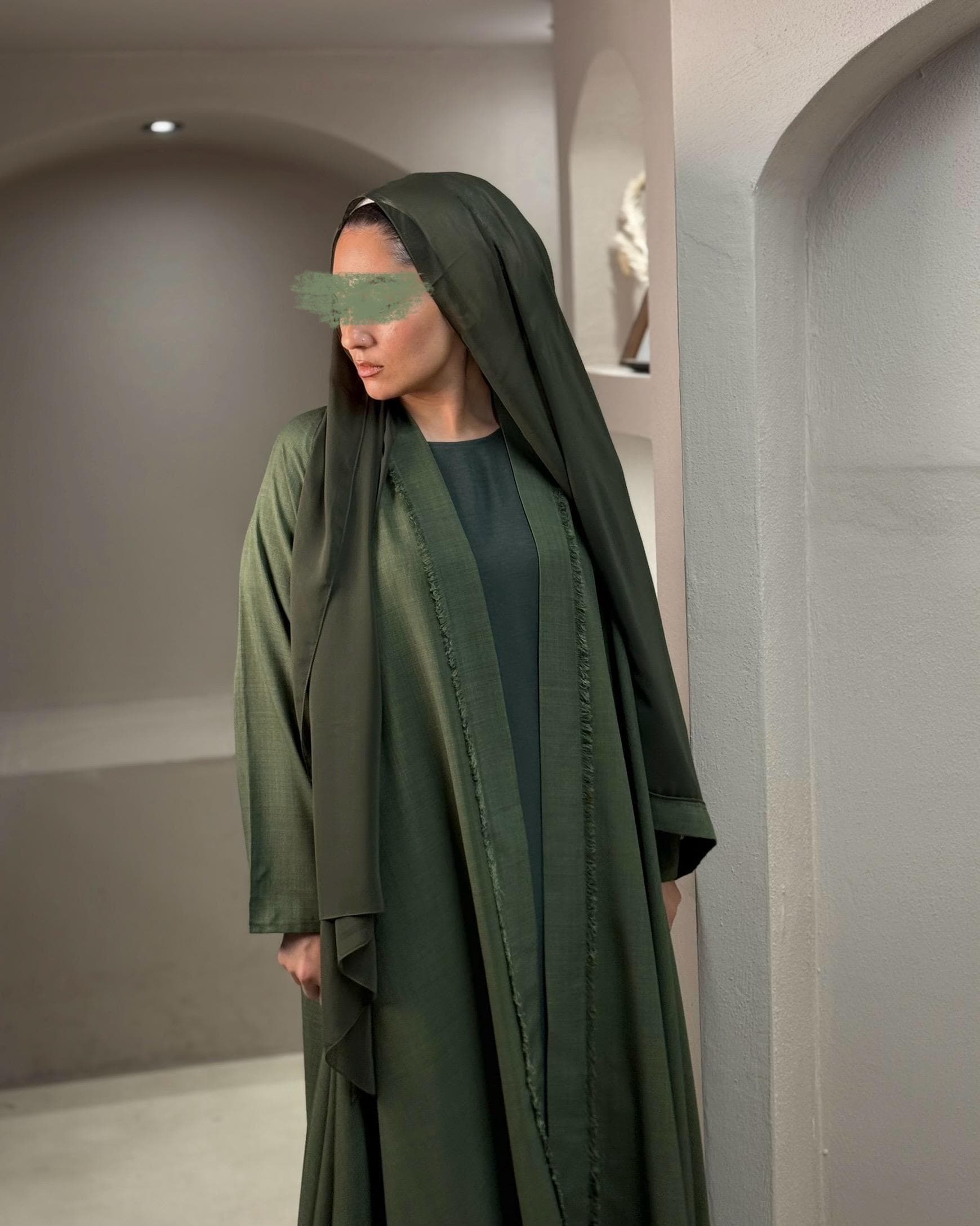 Italian Linen Frayed Abaya Set in Cloche Cut (Khaki Olive) - image 4