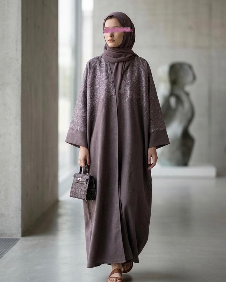 Three-Piece Calligraphy Set: Indian Linen Abaya, Inner Dress & Hijab (Mauve) - image 4