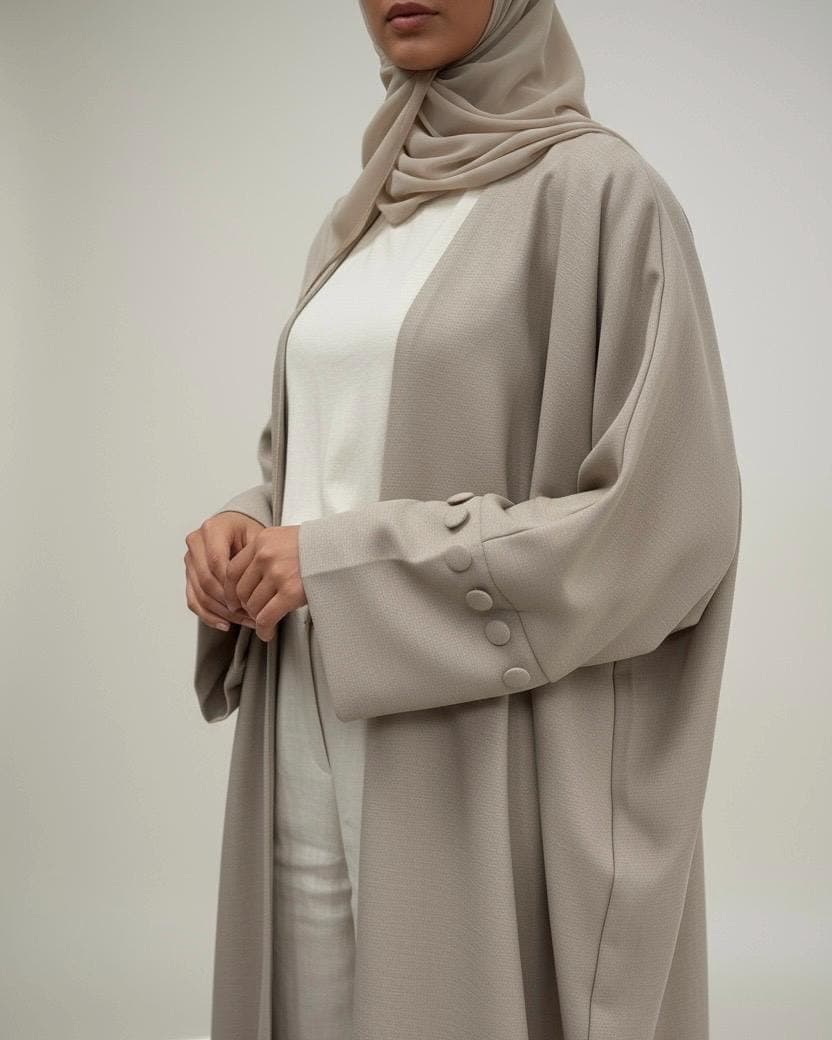 Minimalist Sandstone Beige Linen Abaya | Button Sleeve Design (No Inner Dress) - image 5