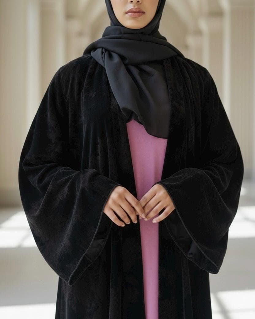Three-Piece Velvet Set: Floral Abaya, Baby Pink Inner Dress & Hijab - image 4