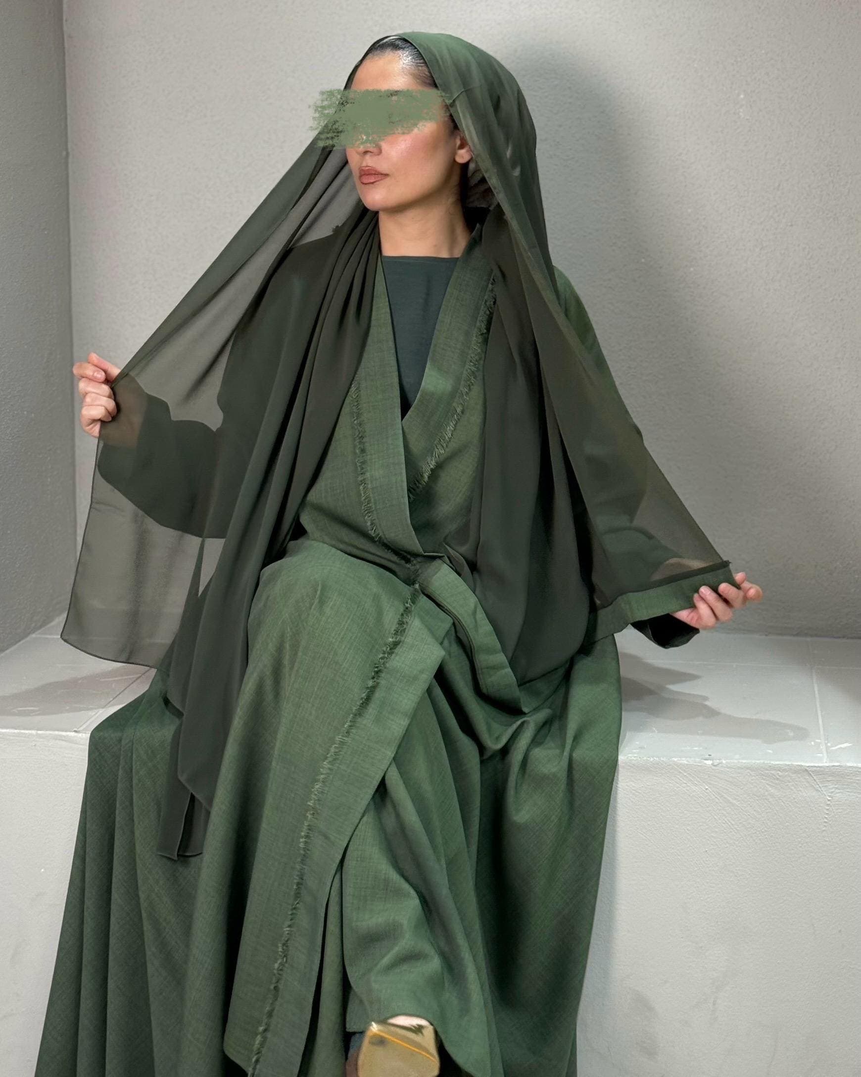 Italian Linen Frayed Abaya Set in Cloche Cut (Khaki Olive) - image 5