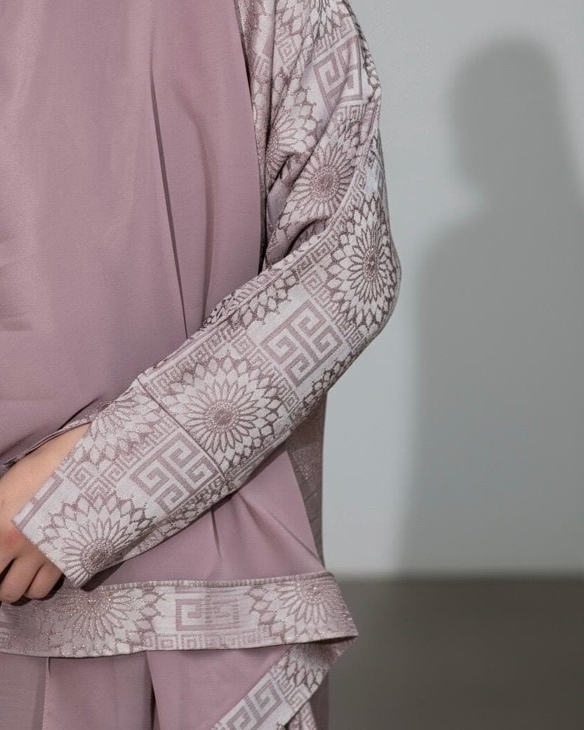 Jacquard Abaya Set: Cloche Cut Satin Abaya, Inner Dress & Hijab (Tea Pink) - image 3