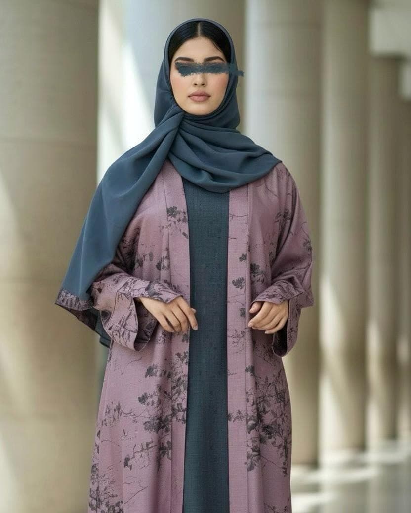 Ramadan Three-Piece Cloche Abaya Set: Two-Tone Abaya, Inner Dress & Hijab (Dusty Mauve / Denim)