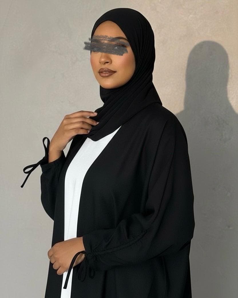 Ramadan Three-Piece Italian Linen Blend Set: Bow-Tied Sleeve Abaya, Inner Dress & Hijab (Black)