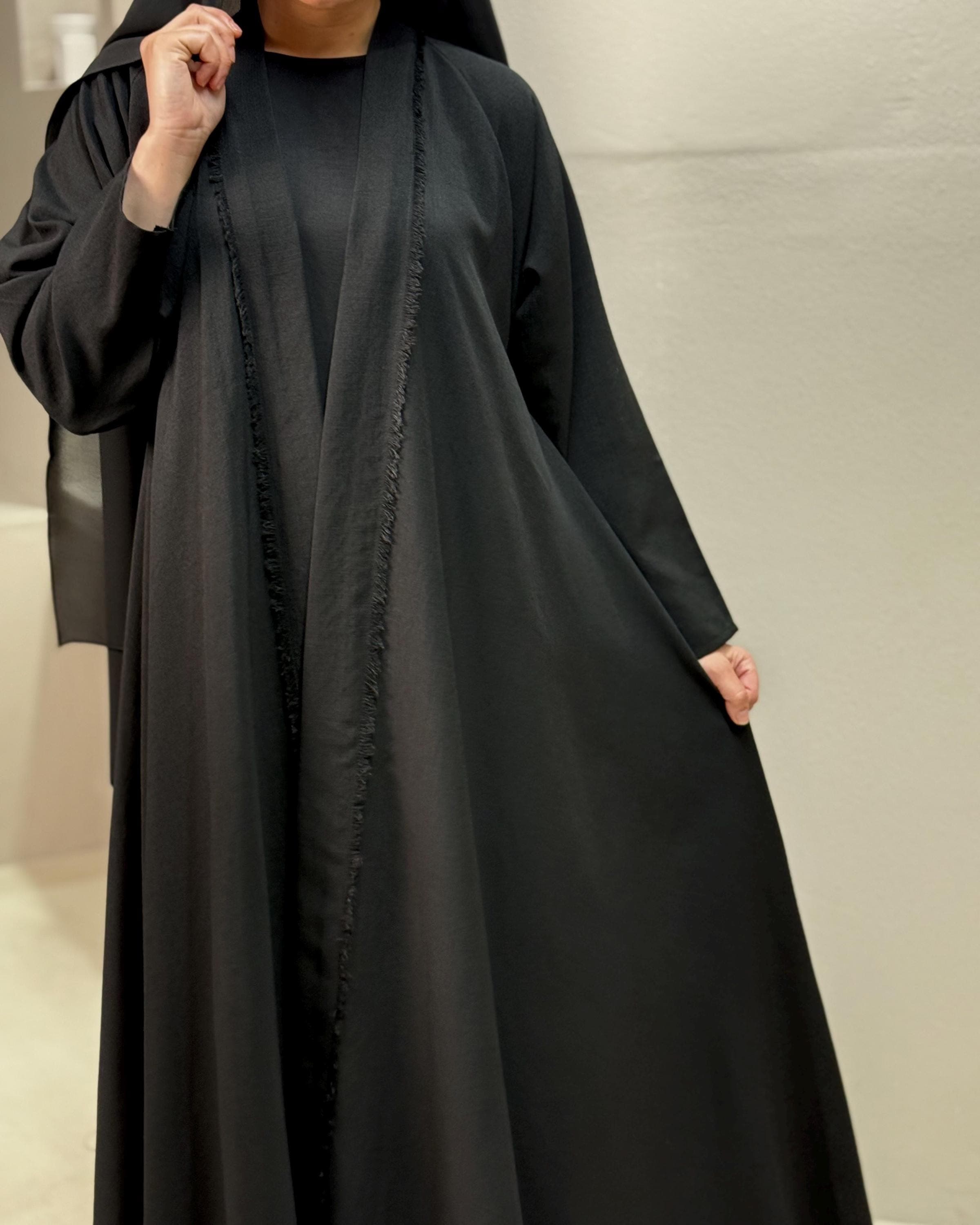 Italian Linen Frayed Abaya Set in Cloche Cut (Black) - image 5