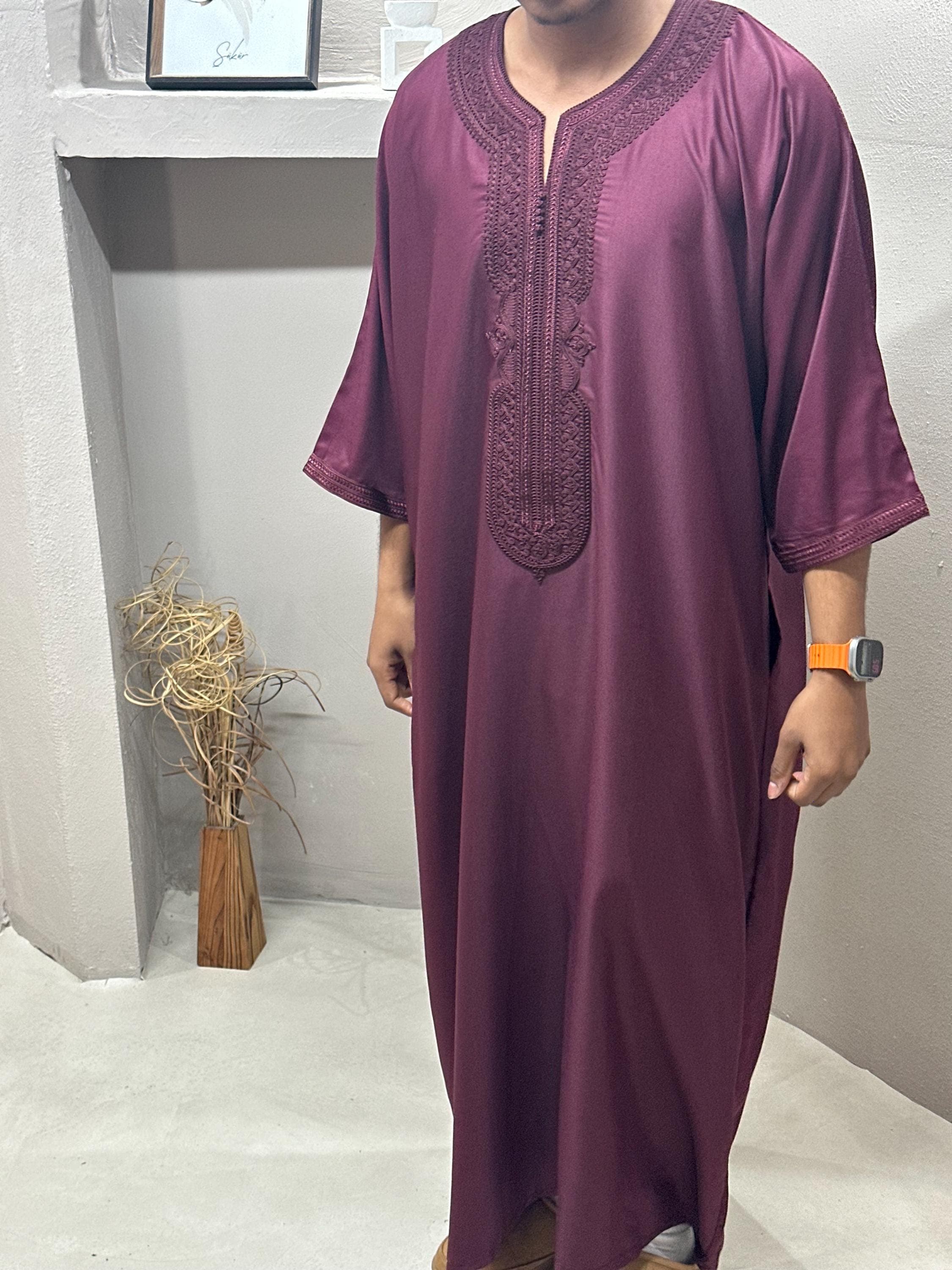 Burgundy Moroccan Cotton Thobe: Ramadan Eid Dress - image 5