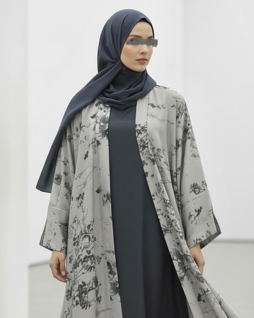 Ramadan Three-Piece Cloche Abaya Set: Two-Tone Abaya, Inner Dress & Hijab (Dove Grey / Denim)