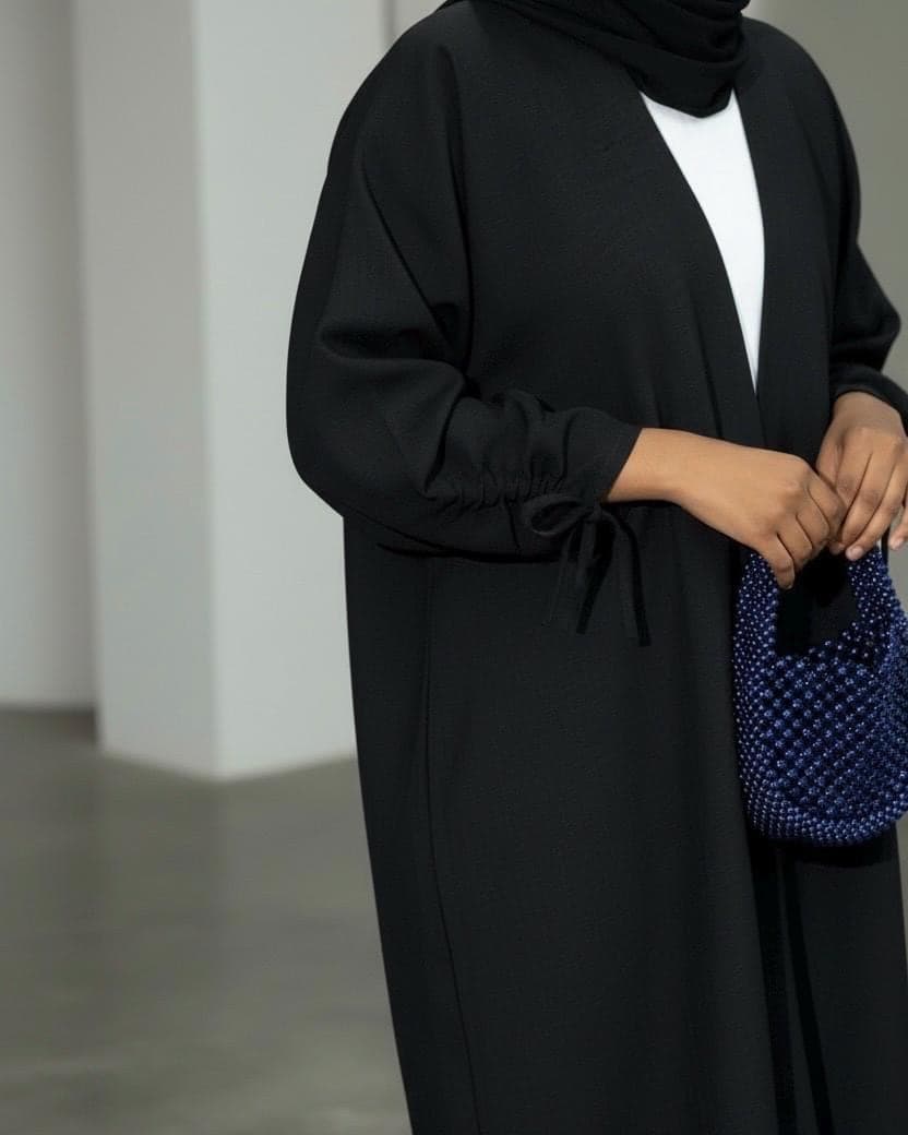 Ramadan Three-Piece Italian Linen Blend Set: Bow-Tied Sleeve Abaya, Inner Dress & Hijab (Black) - image 3