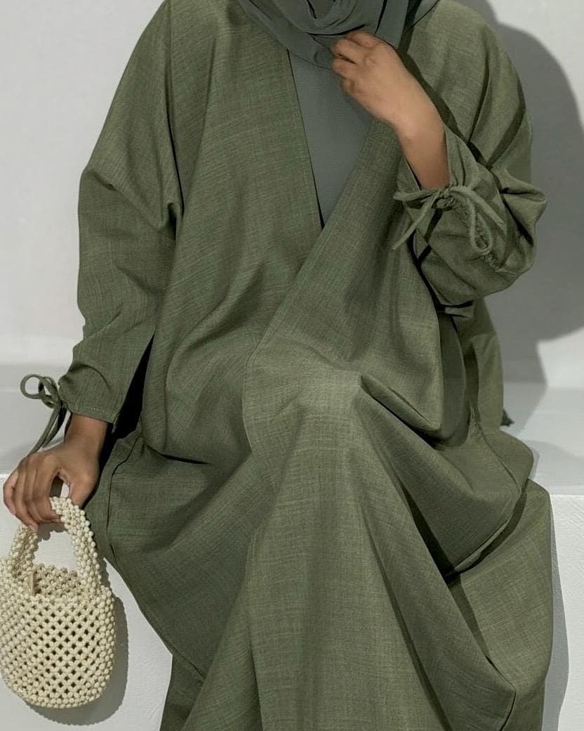Ramadan Three-Piece Italian Linen Blend Set: Bow-Tied Sleeve Abaya, Inner Dress & Hijab (Olive)