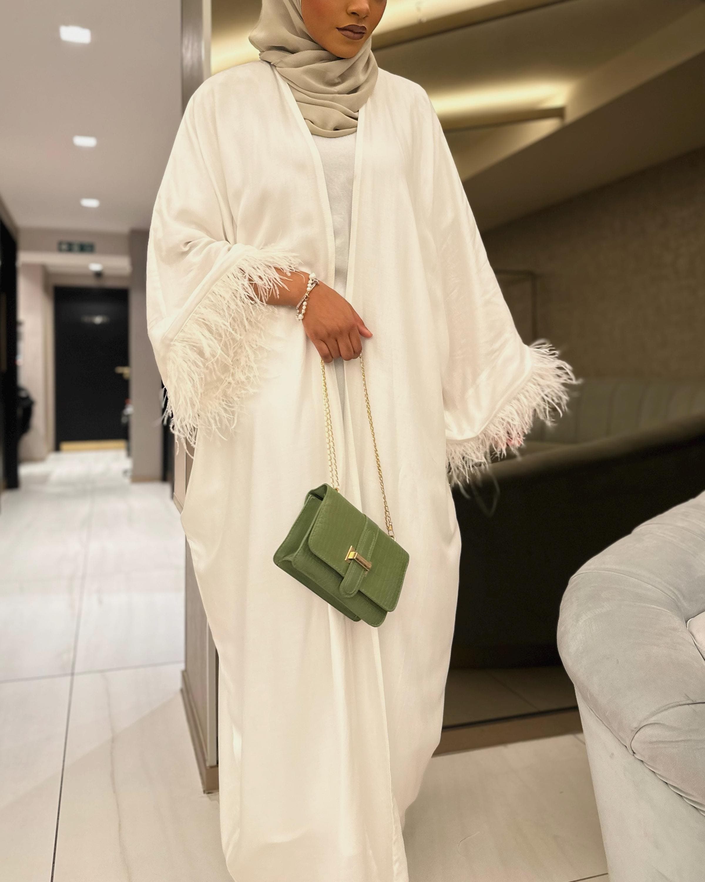 Nikkah Three-Piece Set: Abaya with Ostrich Feathers, Inner & Hijab (Off-White) - image 5