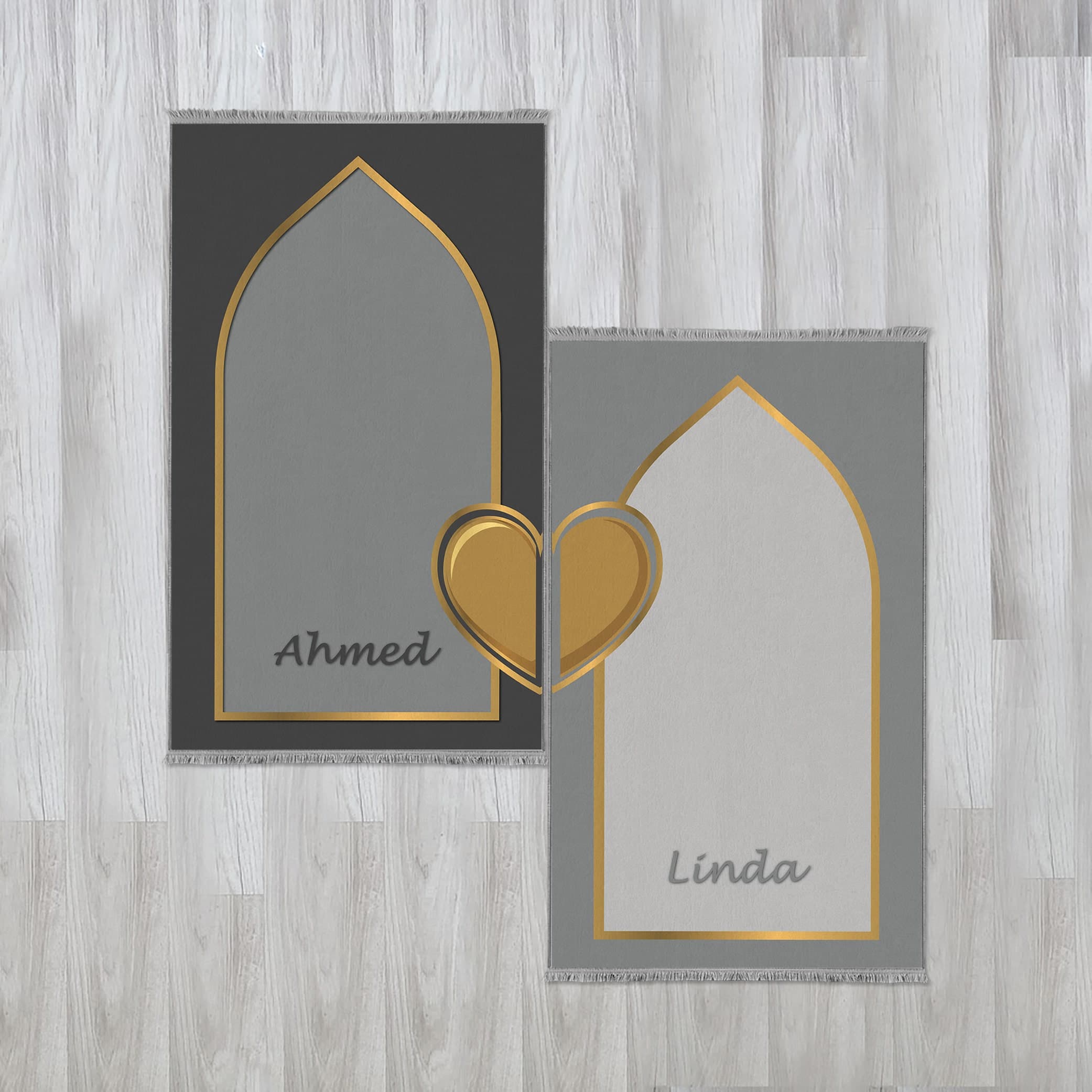 Personalized Foam Padded 2 Prayer Mat Set with Heart Design, Islamic Wedding Gift, Nikkah Gift for Muslim Couples, Dowry Janamaz Rug 707